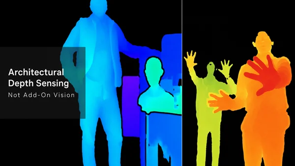 Time-of-Flight depth map showing a foreground figure and background elements with colour-coded distance values indicating spatial separation.