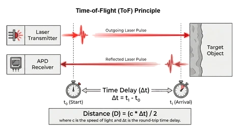 A schematic diagram illustrating the Time-of-Flight principle. A laser transmitter emits a pulse (t₀) that reflects off an object and returns to an APD receiver (t₁). A timeline visualises the time delay (delta-t) used to calculate distance.